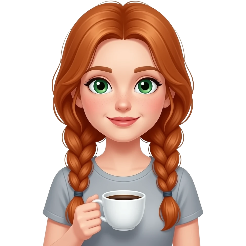A redhead girl with long braided hair and green eyes, wearing a gray top and a cup of coffee emoji
