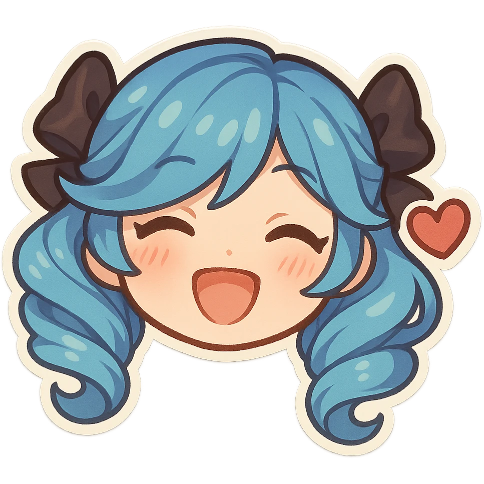 chibi style head of Gwen from League of Legends, happy expression with a heart emoji