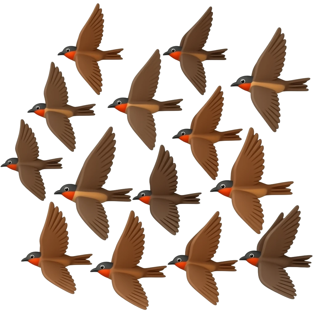 A 3d render iPhone emoji icon of a detailed Brown and red color 3D Render iPhone emoji png of a flock of brown and red color songbirds flying in the air emoji