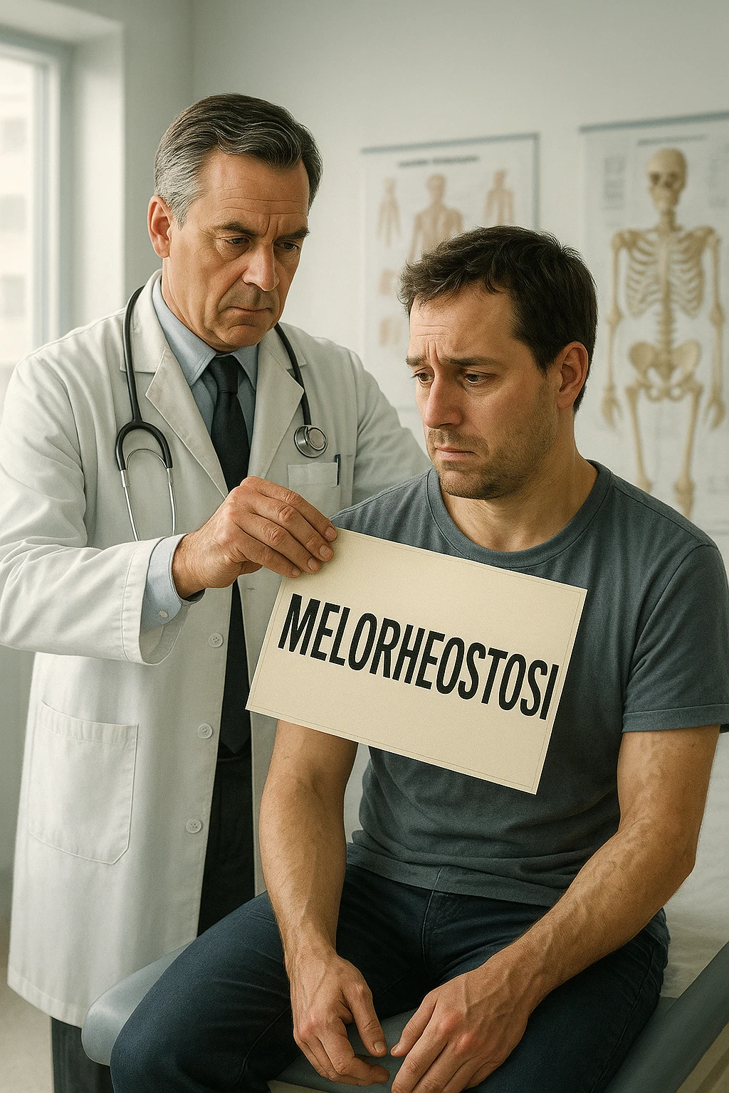 A realistic, cinematic illustration set in a bright, modern medical office. A middle-aged doctor in a white lab coat with a serious expression is shown gently placing a large paper label on the shoulder of a male patient sitting on the examination table. The label has the word 'Meloreostosi' written on it, symbolizing the act of labeling the patient with his rare bone condition. The patient looks confused and slightly disheartened, wearing a simple t-shirt with part of his arm exposed, showing subtle signs of bone thickening or deformation associated with melorheostosis. The background includes medical charts and a softly blurred skeleton model, emphasizing the medical setting. The lighting is bright but neutral, conveying a sterile, clinical atmosphere while focusing on the symbolic moment of receiving a diagnosis label. The mood is introspective and slightly heavy, illustrating the emotional weight of being defined by a rare chronic condition in italiano emoji