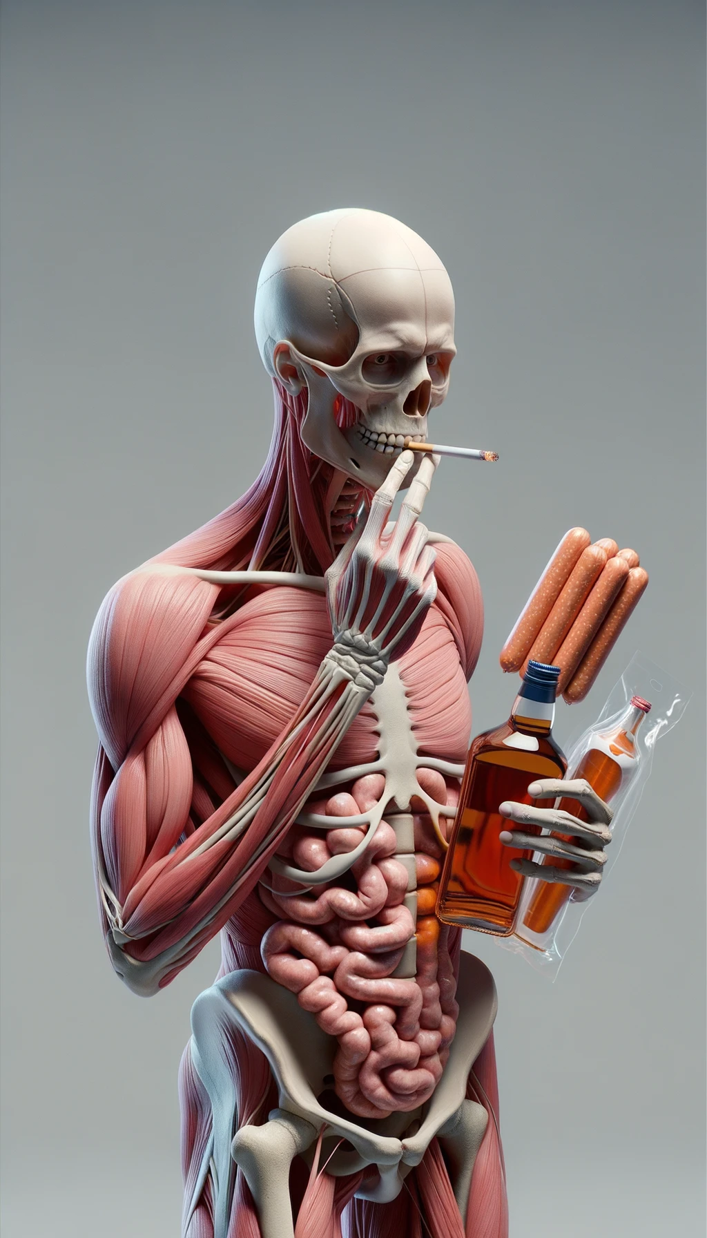 CORPO UMANO ANATOMICO CHE TRA LE BRACCIA SIGARETTE, ALCOL E WURSTEL CONFEZIONATI, LI GUARDA CON ESPRESSIONE INDECISA IN VOLTO, NEUTRAL CLEAR BACKGROUND, iperrealistico 4k emoji
