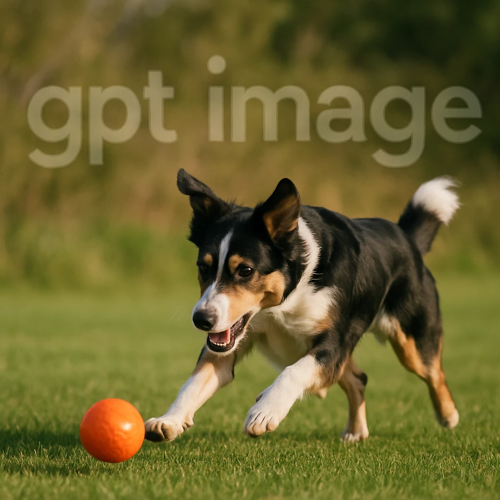  logo with text "gpt image" on the background of a dog chasing ball, realistic image emoji
