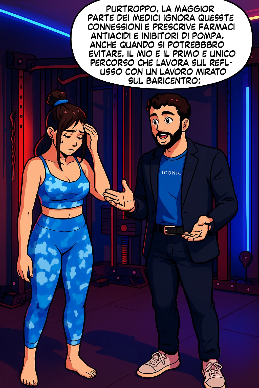 TRASFORMA QUESTO CAROSELLO IN UN FUMETTO STILE WEBTOON/MANGA A COLORI CON QUESTE DUE PERSONE IDENTICHE CHE INTERLOQUISCONO TRA LORO, L'uomo sta spiegando alla donna questo concetto MENTRE LA DONNA SI TIENE la mano sulla fronte sconcertata:

LUI (UOMO): Purtroppo, la maggior parte dei medici ignora queste connessioni e prescrive farmaci antiacidi e inibitori di pompa, anche quando si potrebbero evitare.
Il mio è il primo e unico percorso che lavora sul reflusso con un lavoro mirato sul baricentro; emoji