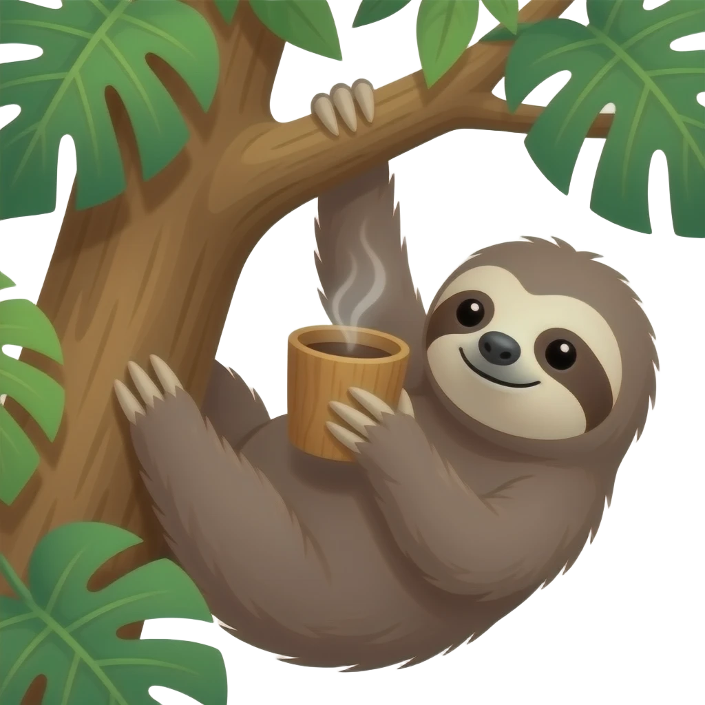 hanging sloth on big jungle tree drink coffee wooden cup hanging emoji