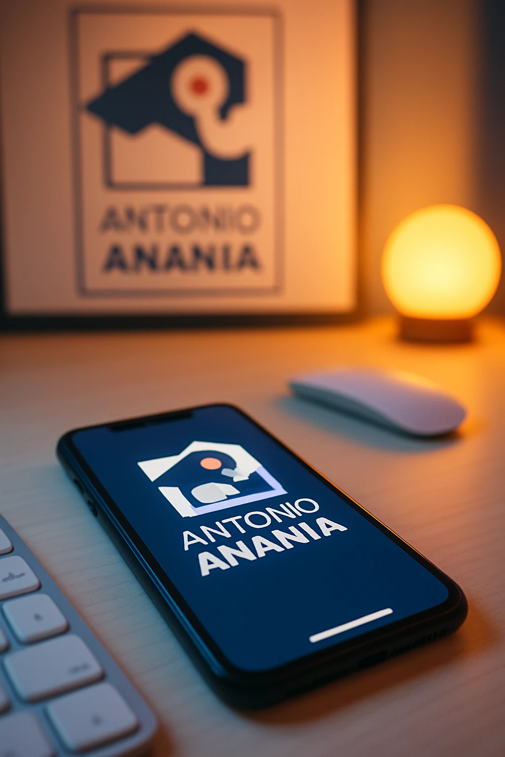 A photo of an iPhone on the desk with the logo of "Antonio Anania" on its screen, The phone sits atop a desk with a blurred with the logo in the background that suggests work environment. A faint glow from above casts gentle shadows across the surface of each object, creating depth and highlighting their textures emoji