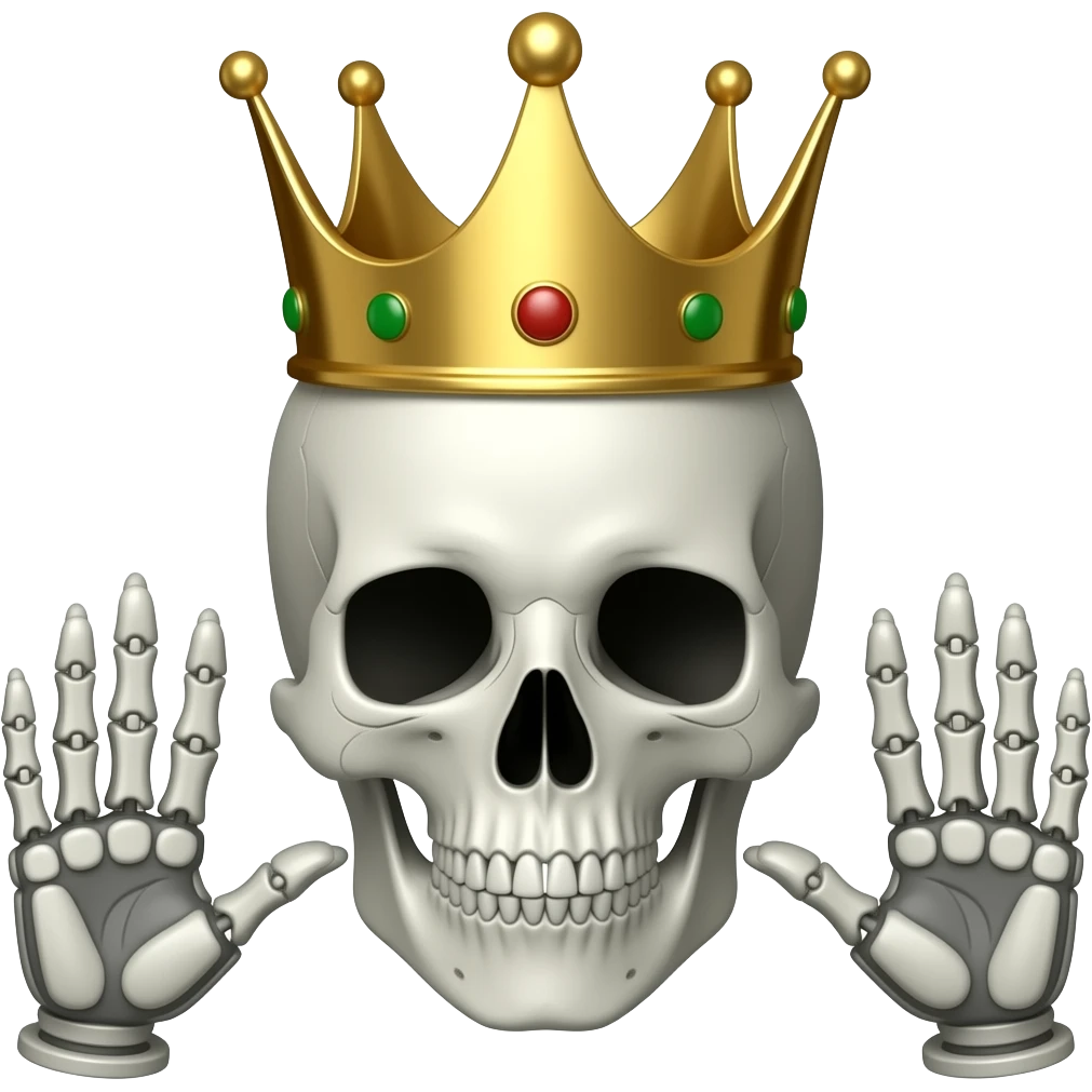 A skull face emoji and crown emoji and hands emoji