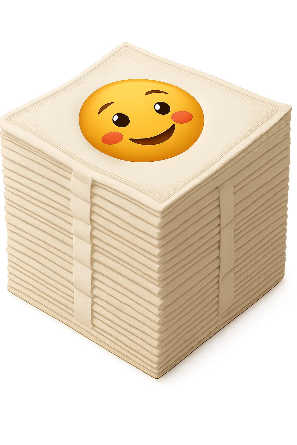 Add a subtle and elegant colored border to the stack of soft white paper napkins. Maintain soft lighting and subtle shadows. The background should be transparent with no background visible. emoji