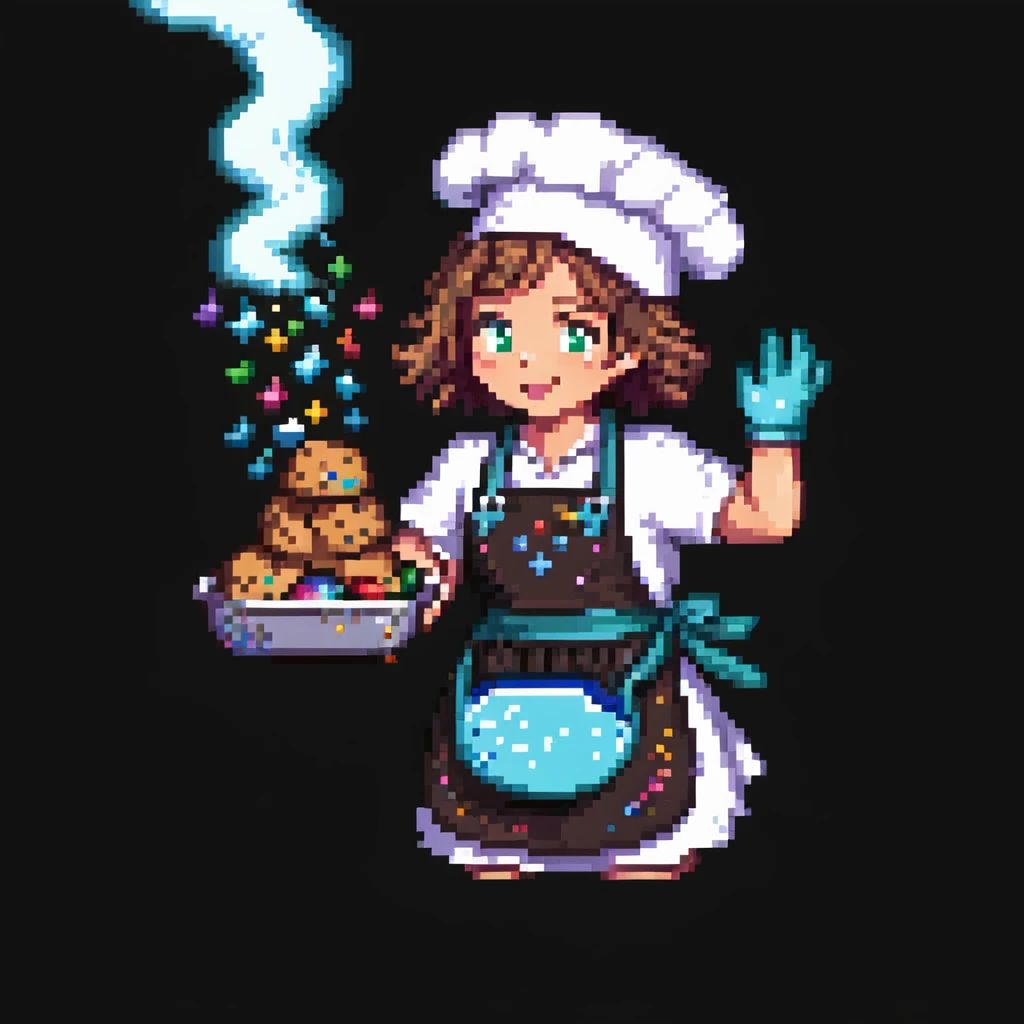 Portrait of a baker casting a baking spell, cookies floating around him, sparkles on his gloves and apron, skeuomorphism style emoji