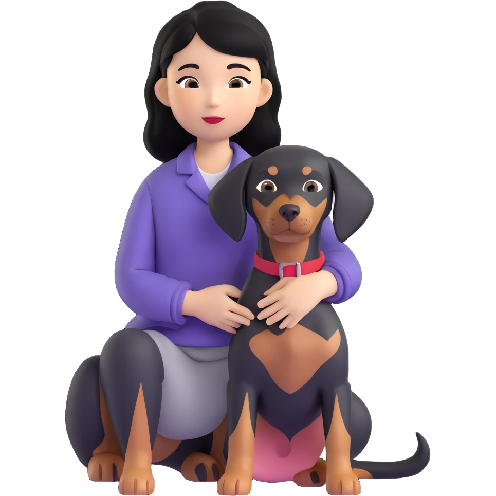 A medium black hair Asian girl holding a Doberman emoji