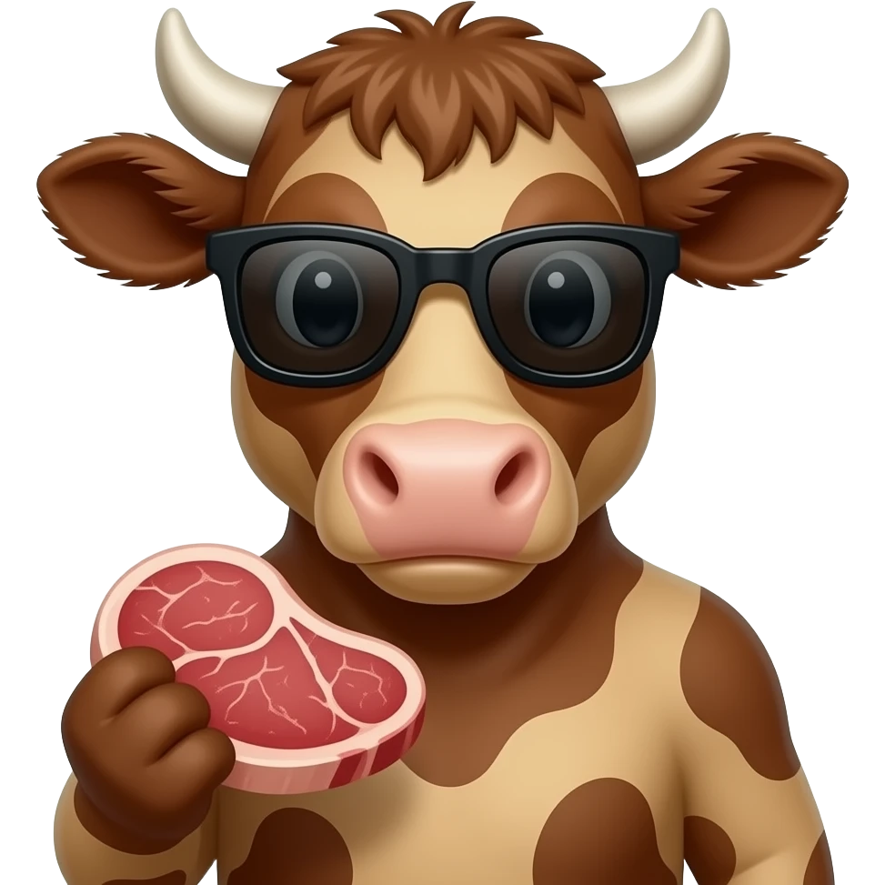 a  face of cool male brown cow wear dark / black sunglasses serving a steak emoji