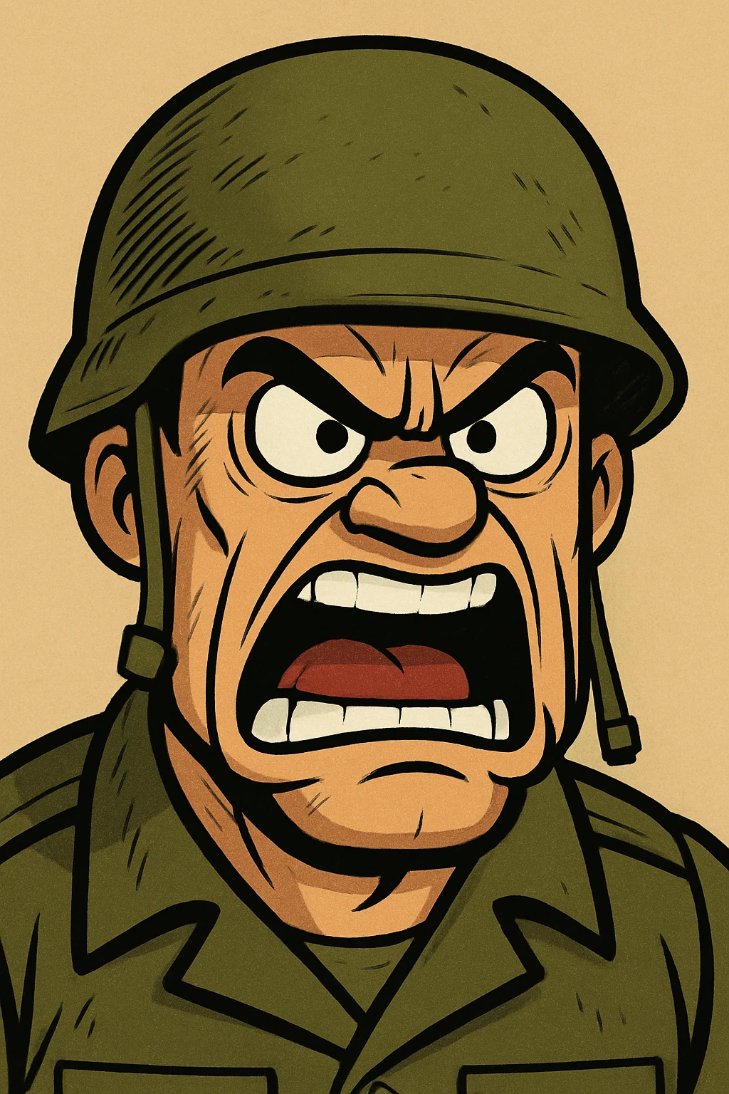 angry soldier, cartoon style, exaggerated angry face, helmet emoji
