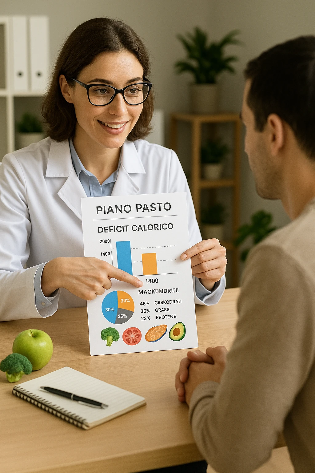a nutritionist sits at a desk with a client, showing a personalized meal plan and a chart that clearly displays the client’s specific daily caloric deficit. The nutritionist points to the chart, which includes recommended calories, macronutrient breakdown, and healthy food options. The mood is professional, supportive, and educational. scritte in italiano emoji