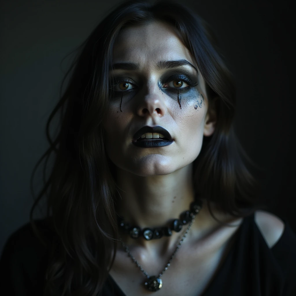 realistic horror portrait of a beautiful but terrifying woman with pale skin, dark eyes, gothic jewelry, dramatic lighting emoji