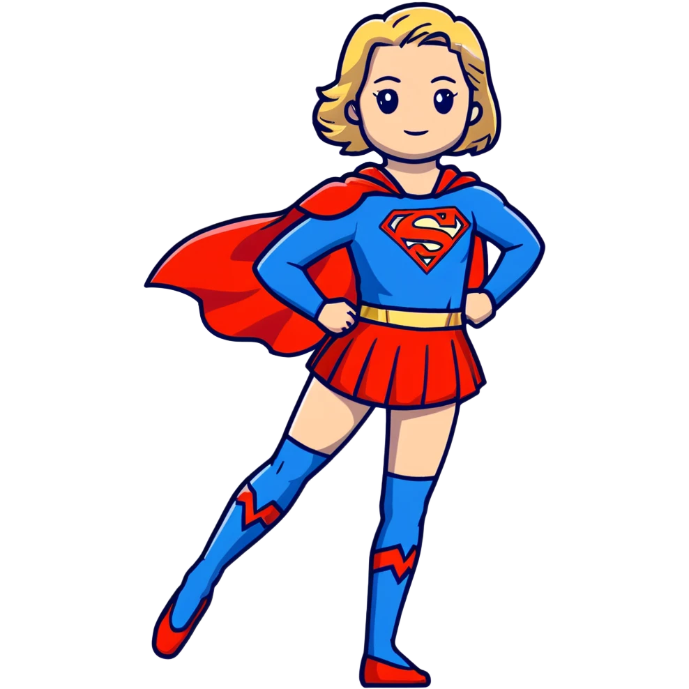 Supergirl in classic costume, full body view showing blue tights, red skirt, and cape with S symbol emoji