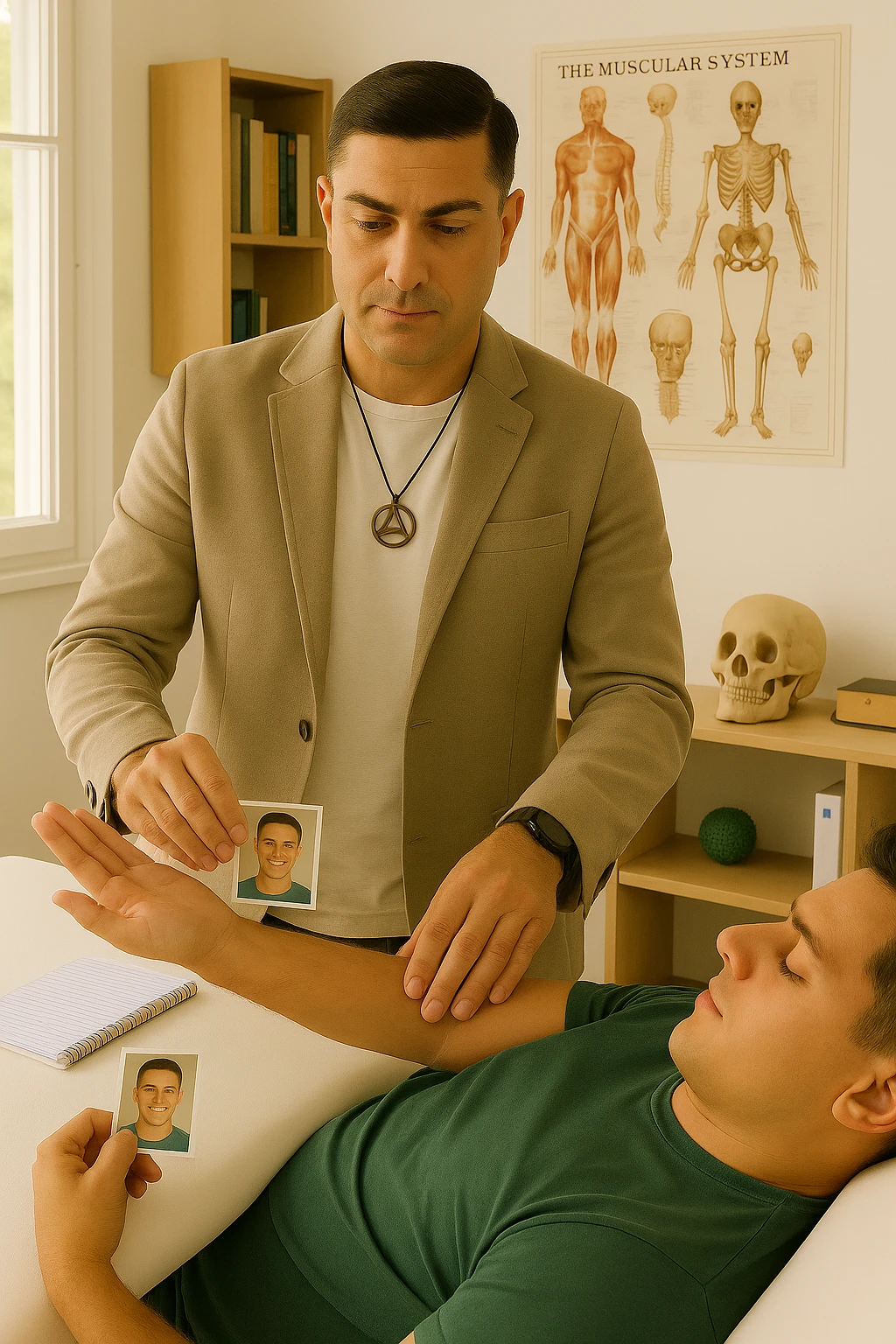 a middle-aged man, dressed in casual professional attire, is in a bright, organized therapy studio. Durante una visita di kinesiologia, il ragazzo tiene con una mano la foto di una persona lontana (il “testimone”) tiene la foto in mano, mentre con l’altra mano esegue un test muscolare su un cliente presente senza foto lui non tiene la foto. Sullo sfondo si vedono libri di kinesiologia, poster anatomici e strumenti tipici della disciplina. L’atmosfera è concentrata e serena, con luce naturale che entra dalla finestra, sottolineando l’aspetto alternativo e umano della pratica. emoji