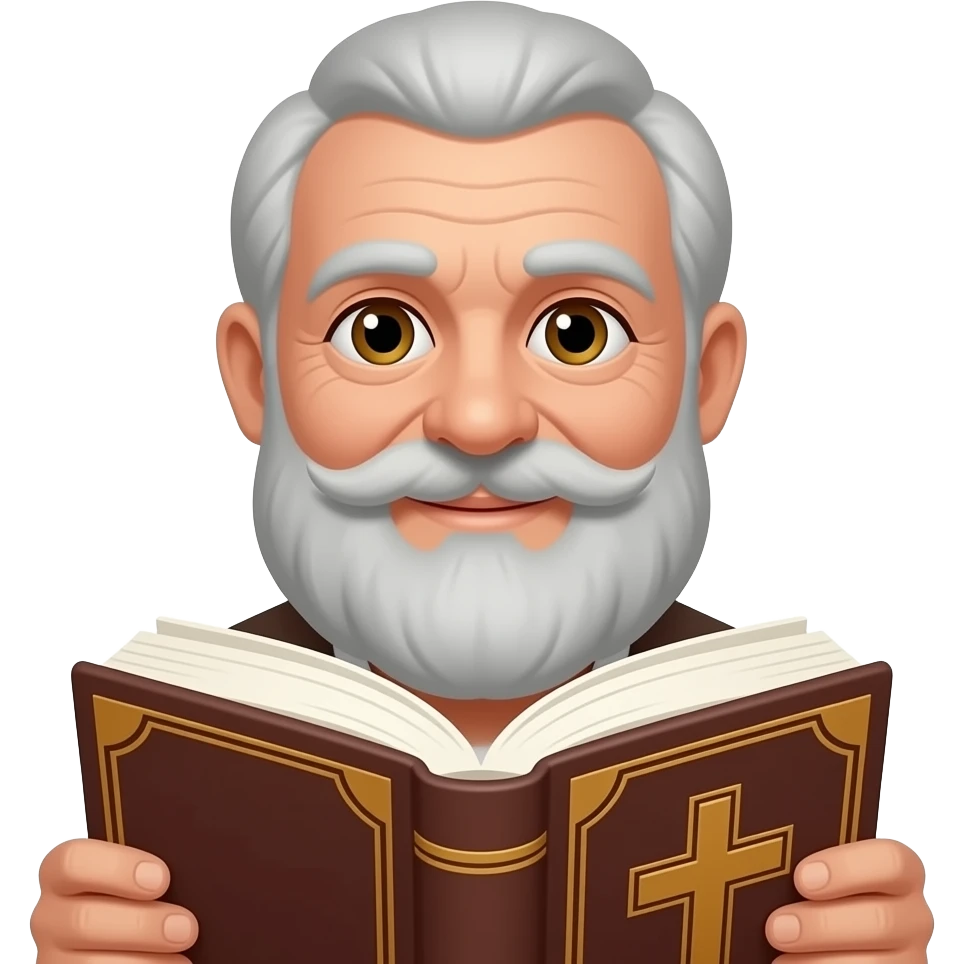 wise old man with greyin hair beard eyes smile with book that has a cross on it emoji