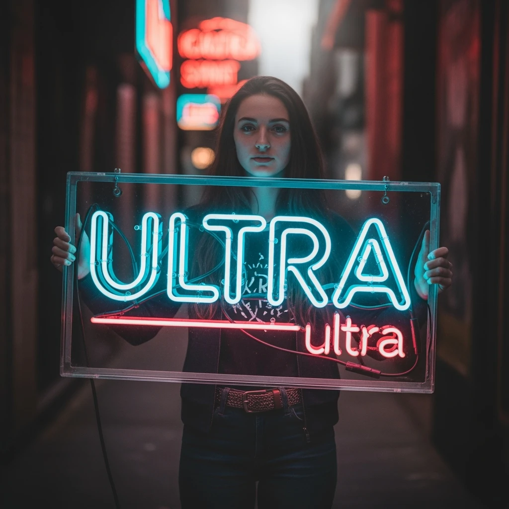 make a girl holding this sign, but sign in made of neon, also add ultra below the sign emoji