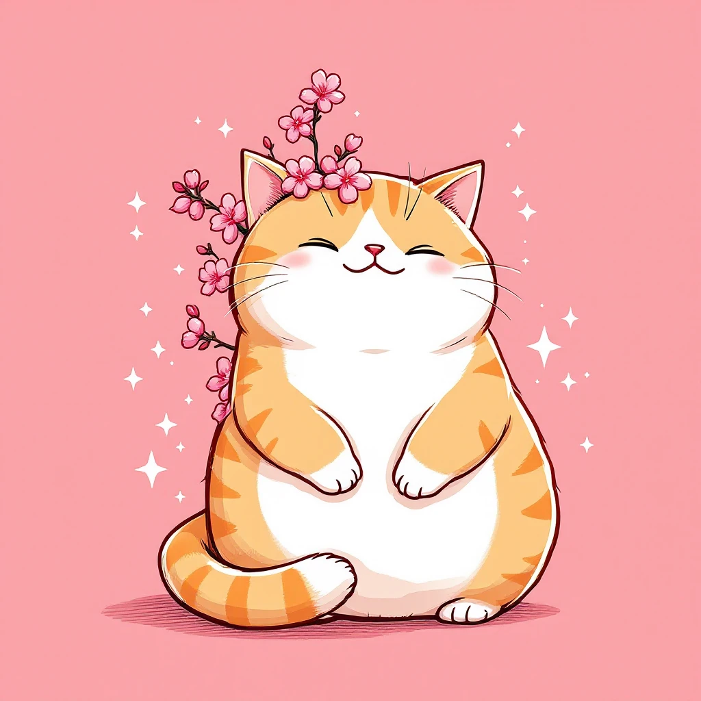 A chubby orange tabby cat with a white face and belly, surrounded by pink cherry blossoms, with a cherry blossom on its head, smiling and looking content, on a pink background with sparkles and Japanese characters emoji