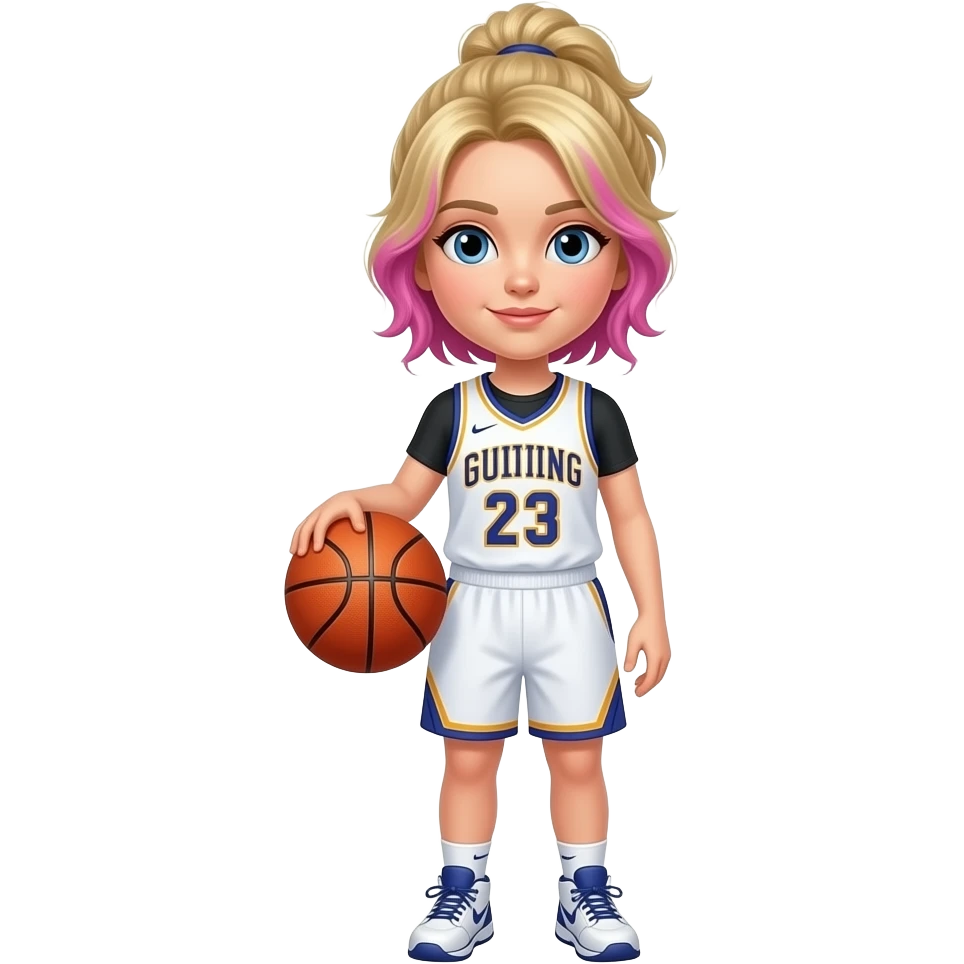Make a blonde haired white girl have hot pink sides of her hair and make her shirt a basketball jersey and make her hold a basketball and make her hair in a messy bun and make the pink sides actually highlights of her hair still pink not fully emoji