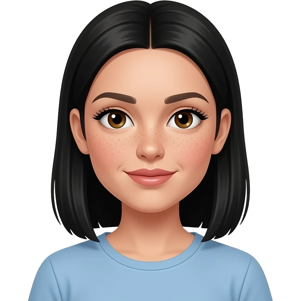 white girl, very beautiful woman, has a lot of freckles, with big plump lips, long long lashes, black straight hair medium length with hair tucked behind ears, brown eyes, light blue tshirt emoji