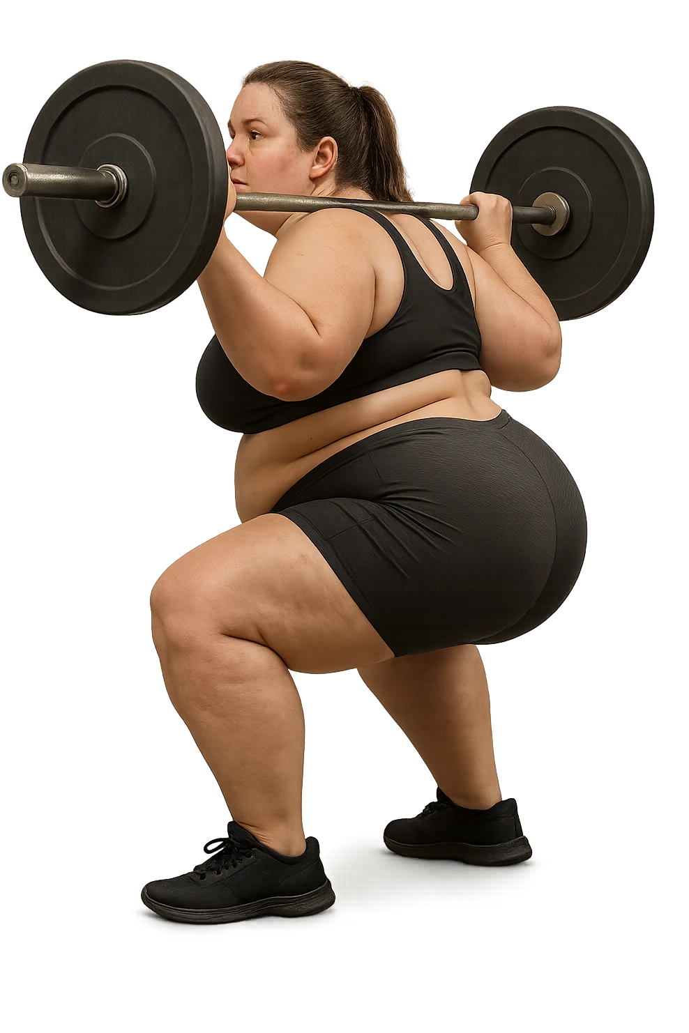 donna leggermente in sovrappeso con lipedema alle gambe che fa uno squat di profilo con bilanciere, IPERREALISTICA 4K emoji