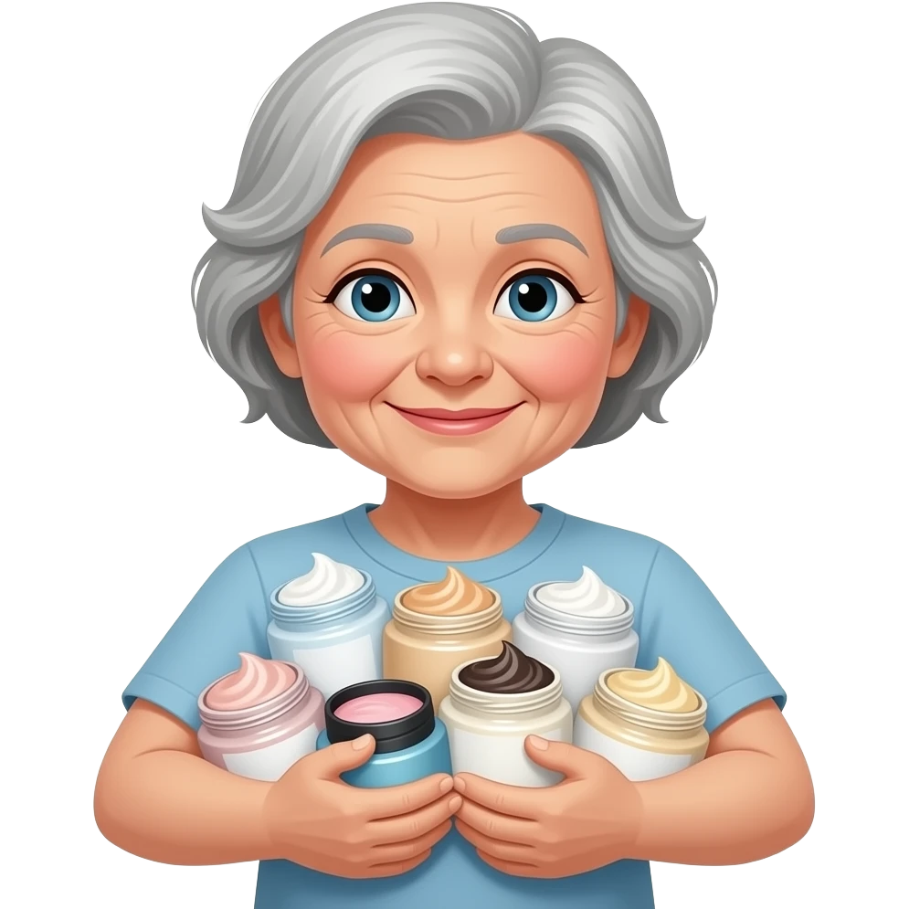 older woman hugging many cosmetic cream jars emoji
