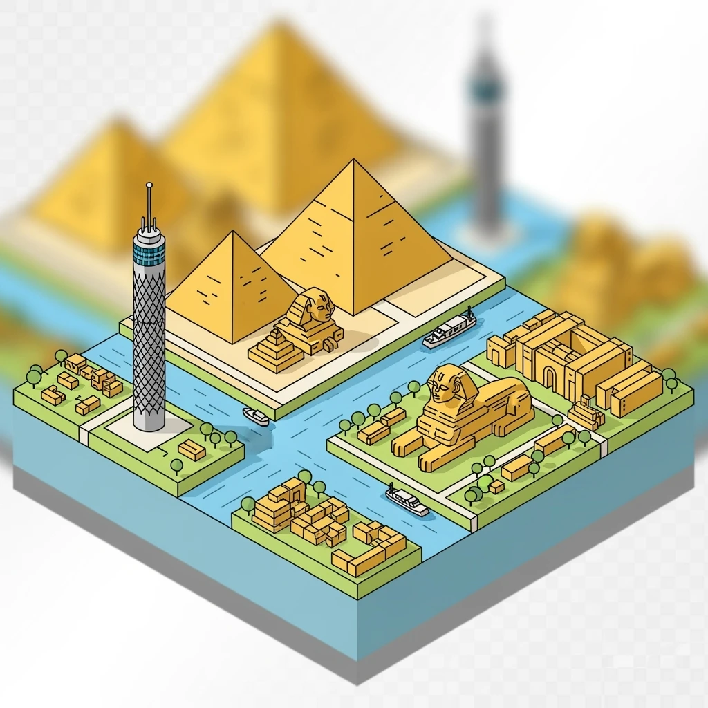 Isometric minimalistic illustration of Cairo - Pyramids of Giza, Sphinx, Cairo Tower, Nile riverbanks, subtle 3D miniature effect and Tilt Shift effect, no cartoonish look, transparent background. emoji