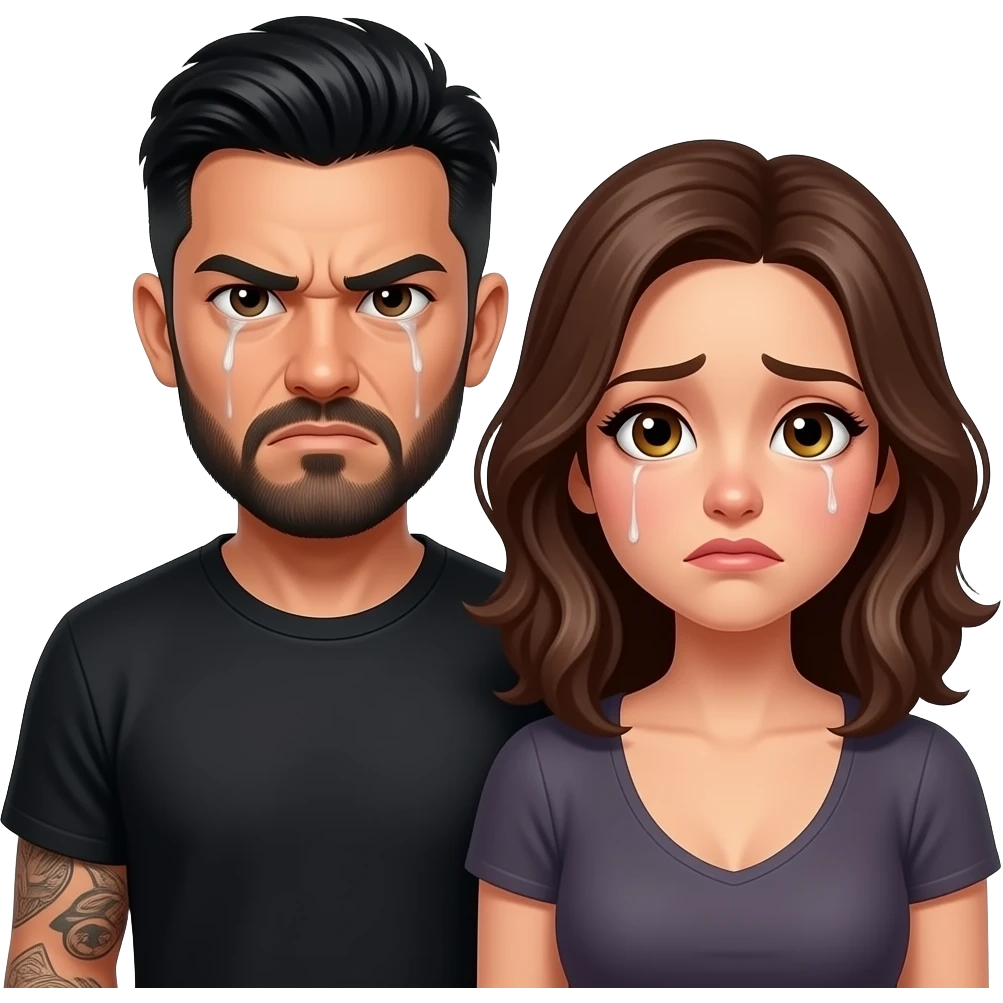 A really sad but angry because he found out she was cheating on him with a bald, headed red bearded guy, andthey are always arguingLatino couple man has a beard, medium hair and tattoos and his wife is beautiful with hazel eyes and shoulder length brown hair and their relationship is broken emoji