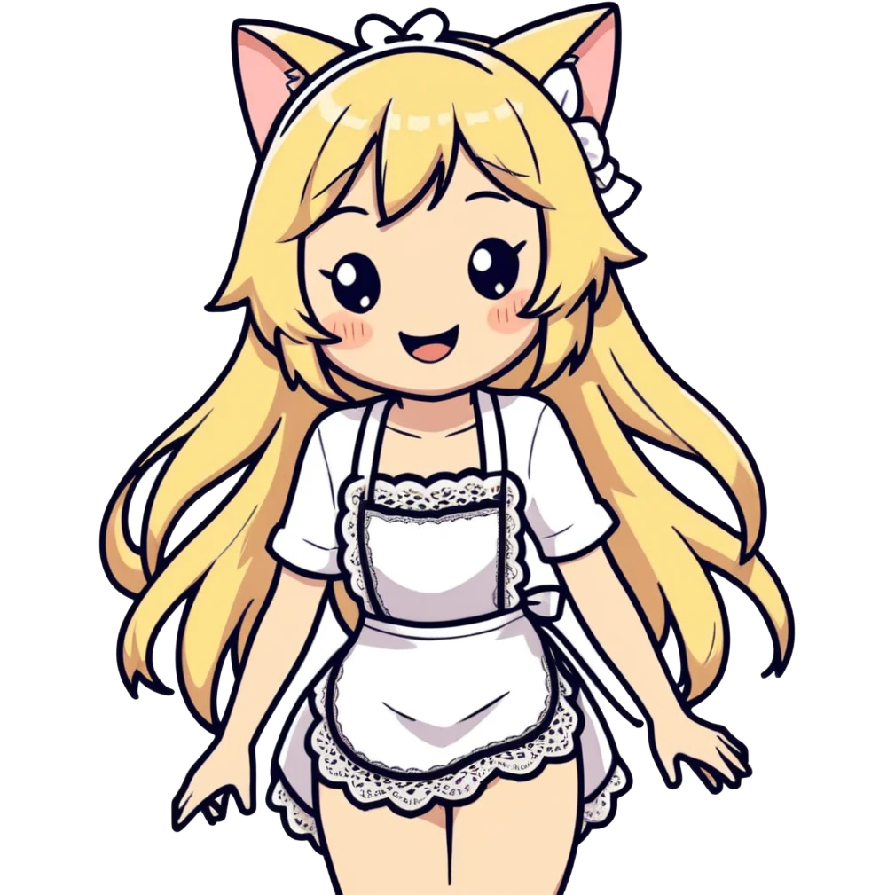  blonde catgirl woman long hair freckles giggling lace apron lace bikini anime influence  emoji