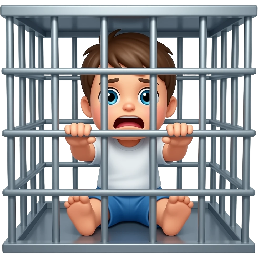 jaula con un niño grande atrapado todo el cuerpo cara asustada emoji