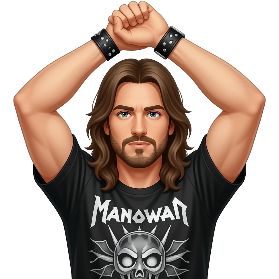 Both arms held over the head. the left hand holds the right wrist and the person should have Long hair and a black Manowar shirt. Not one hand holds the other. Its the wrist emoji