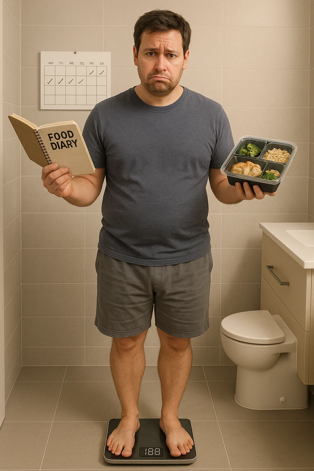 Uomo sulla trentina in piedi su una bilancia in bagno, con espressione delusa e confusa. In mano tiene un diario alimentare e un contenitore per i pasti già preparati, segno che sta seguendo una dieta. Dietro di lui un calendario con settimane segnate, ma senza cambiamenti. Il suo corpo appare identico a prima, senza progressi visibili. La bilancia digitale mostra lo stesso numero. Ambientazione pulita e moderna, toni neutri. Atmosfera di frustrazione e demotivazione, luce soffusa. emoji