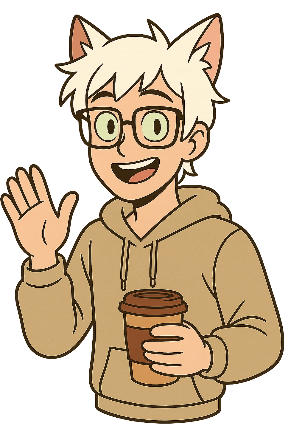 An anime guy with white hair, white cat ears, green eyes, and glasses, holding a coffee cup in his hand and waving emoji
