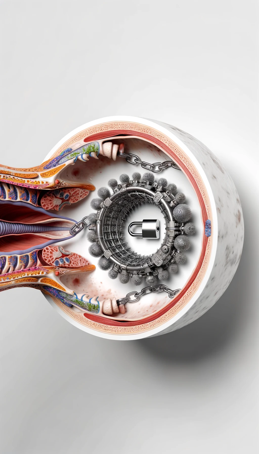 corpo umano anatomico di una donna con diaframma in evidenza, diaframma chiuso da catena e lucchetto, iperrealistica 4k, sfondo bianco emoji