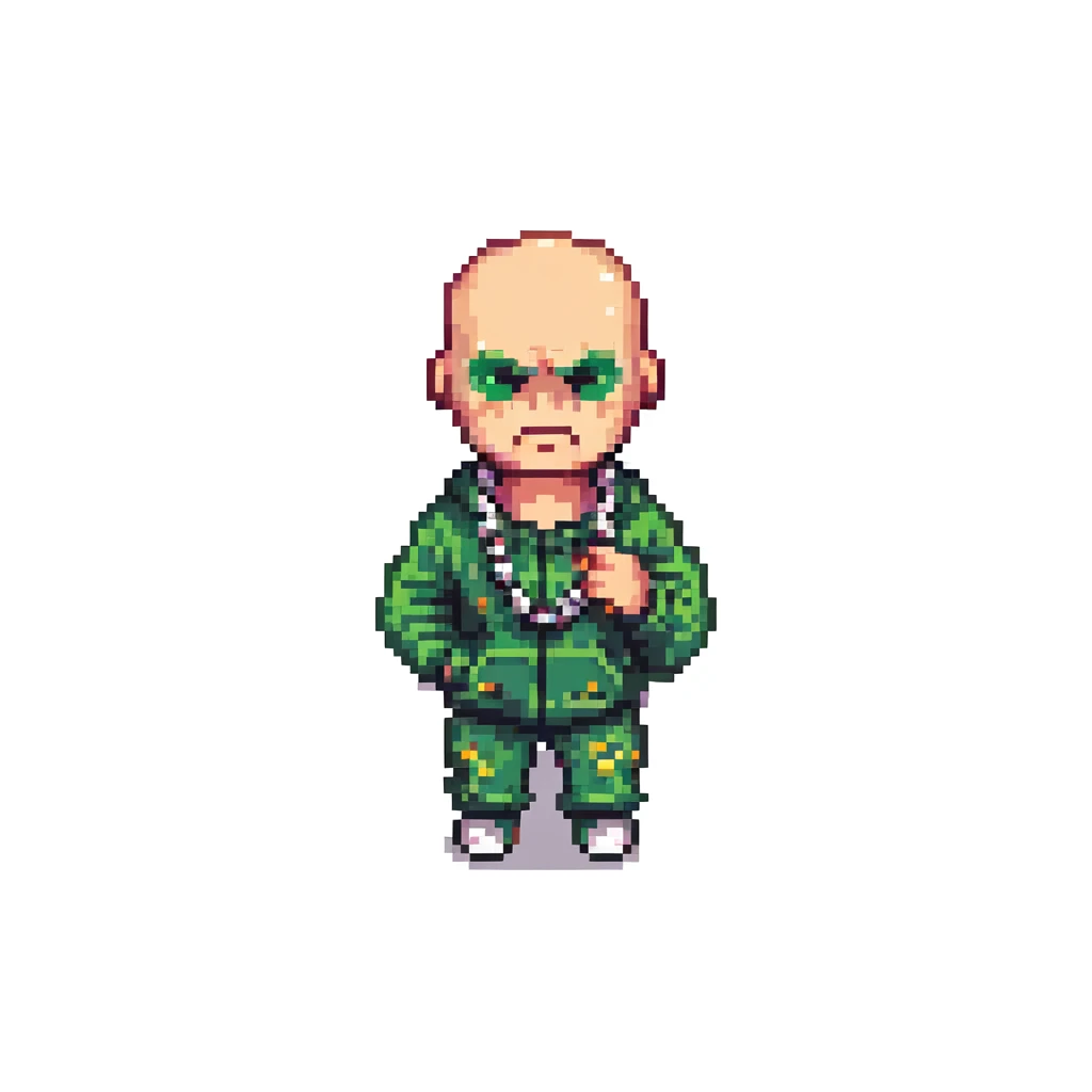 Pixel art thug in tracksuit, holding chain, bald head, angry expression, side view, retro arcade sprite
 emoji