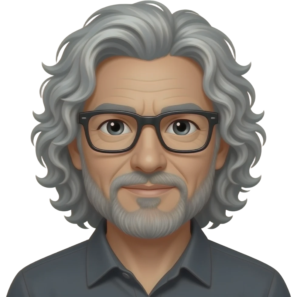 رمادي في اسود رمادي غامق  البشرة افتح من الأسمر  العيون مسحوبة حواجب سوداء رمادي بشره قمحيّة اللون وعمرة ستون عاما رجل شعره كيرلي رمادي طويل عيناه اسود كعيون الصقر يرتدي نظارة مستطيله سوداء  له لحية emoji