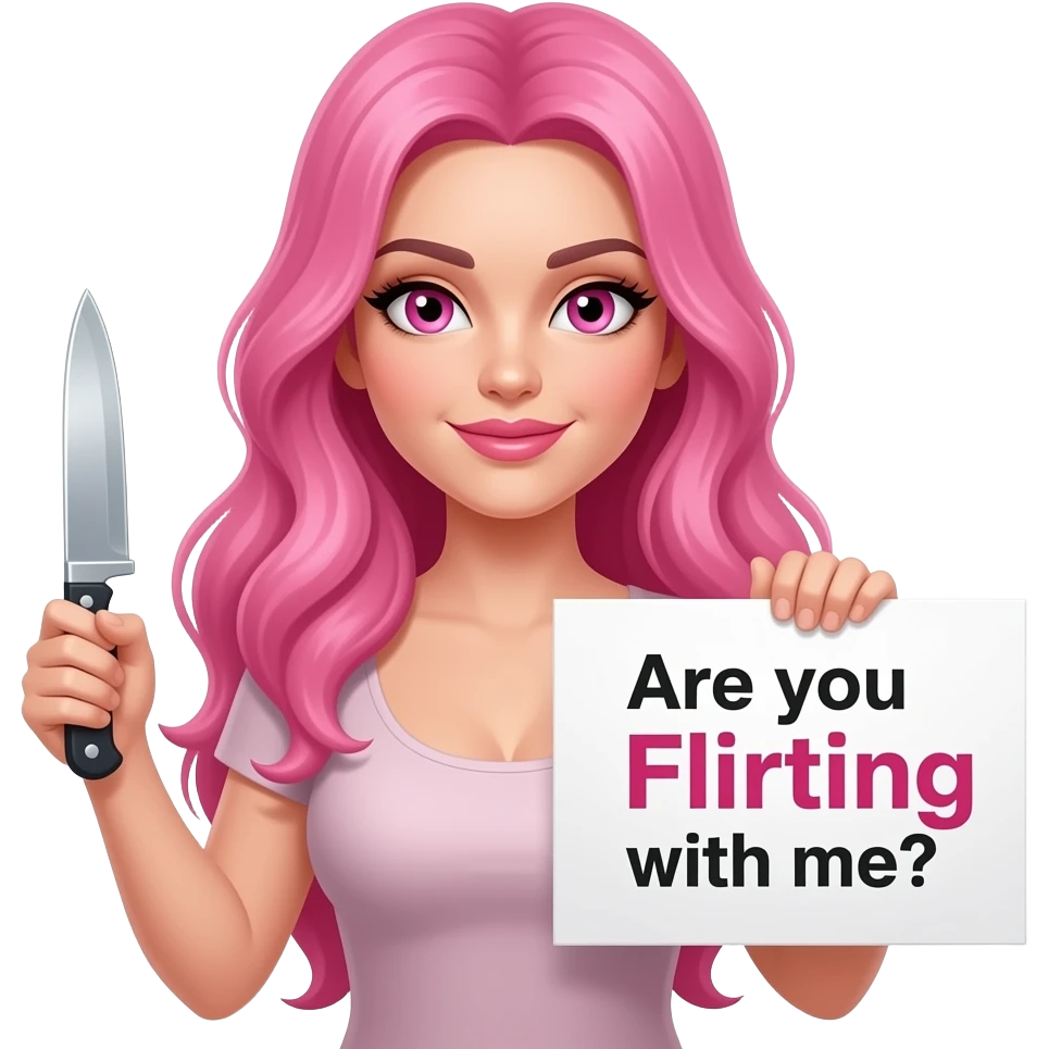 sexy girl with long pink hair and pink eyes wearing a holding a A KNIFE? Are you Flirting with me? sign emoji