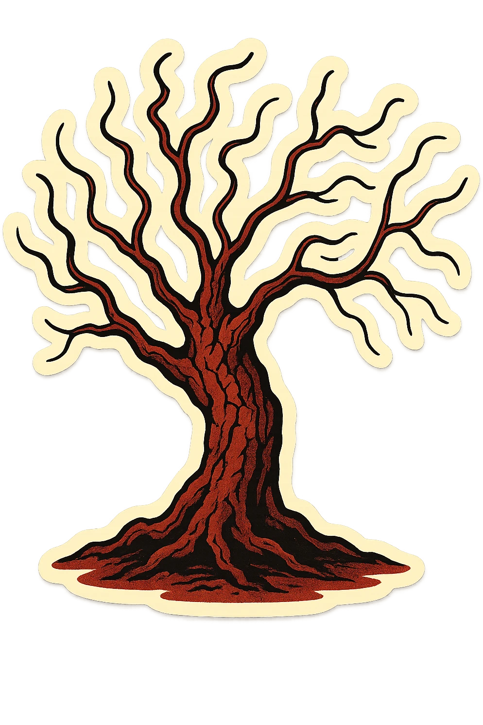 spooky old tree with elegant thin curved branches, combination of brown and red colors, sharp black outlines, clear shadows and highlights, cracked bark, retro stickers style, no gradients, only sharp color transitions emoji