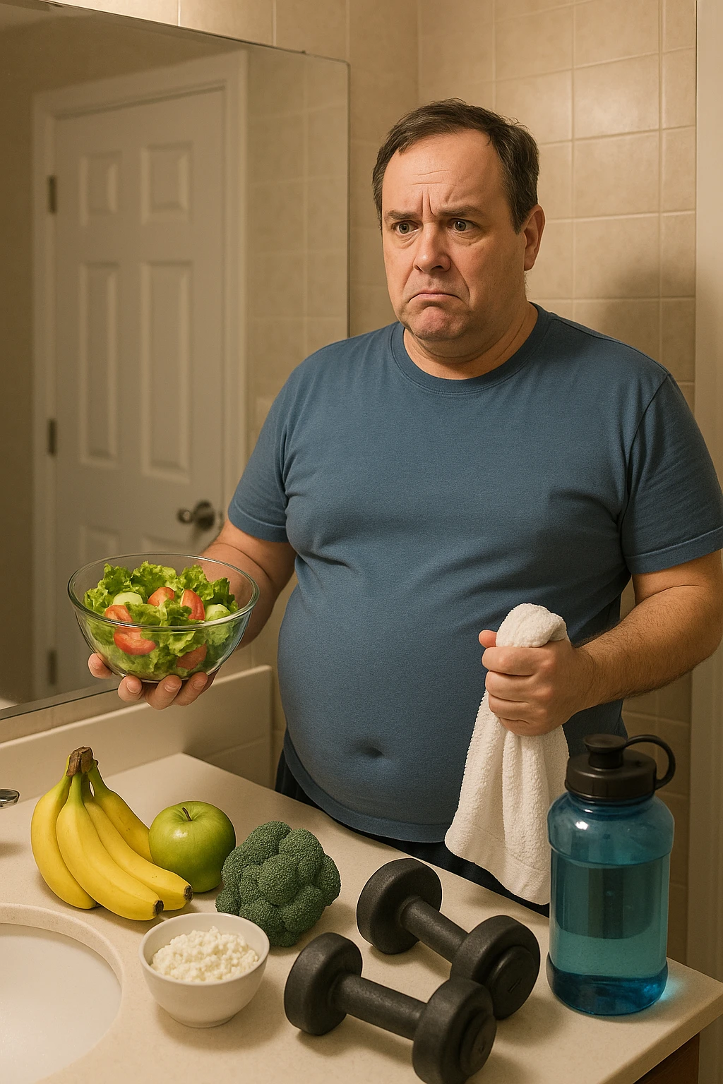 a middle-aged man stands in front of a bathroom mirror, looking at his reflection with a puzzled and slightly frustrated expression. He holds a salad bowl in one hand and a gym towel in the other, surrounded by healthy food and workout gear, yet his body remains overweight. The background is a typical home bathroom, softly lit, emphasizing confusion and self-reflection. emoji