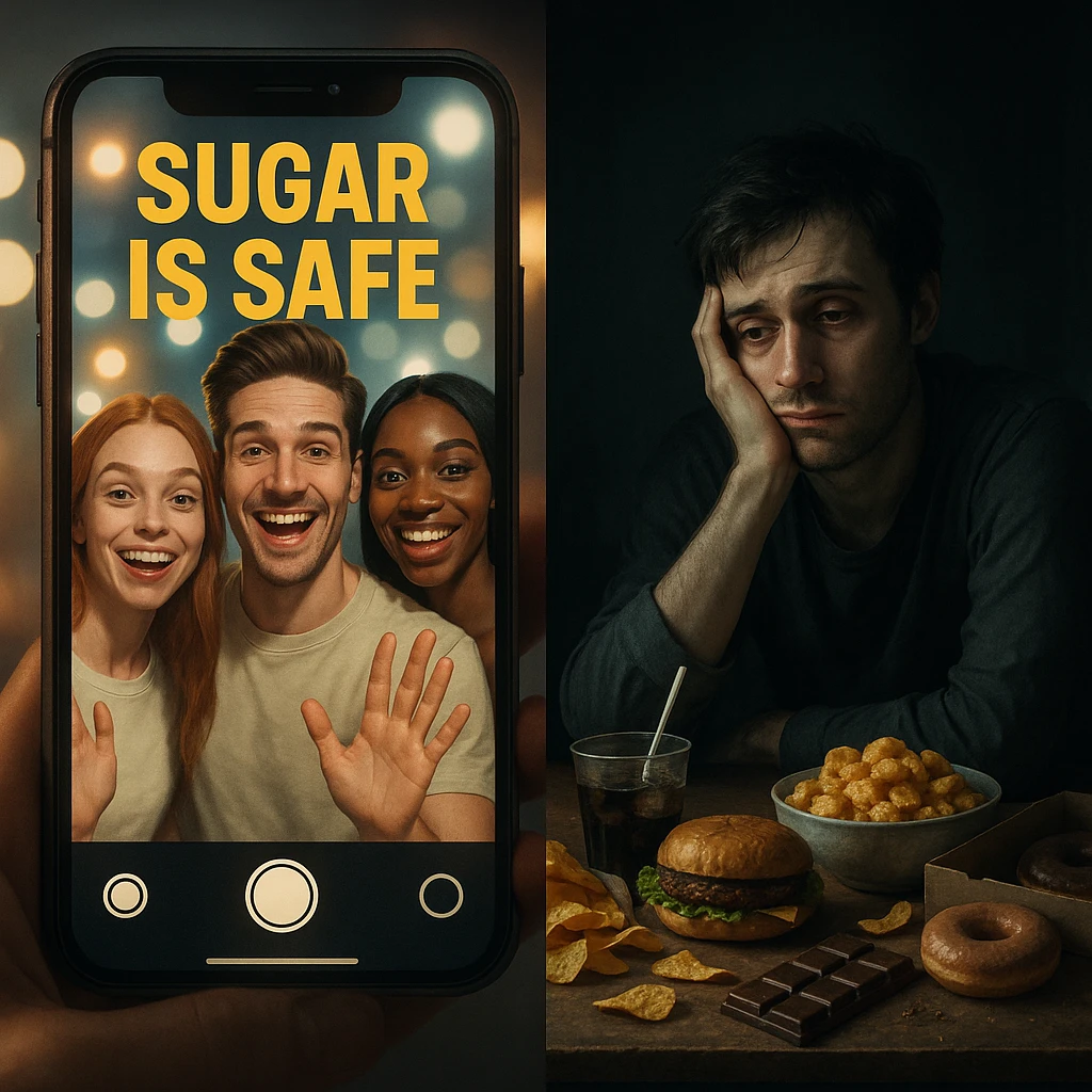 symbolic split-screen: smiling influencers on smartphone saying sugar is safe, bright lights and filters; other side lonely tired person surrounded by junk food, muted tones and deep shadows; contrast between social media and reality; cinematic style, 4K quality emoji