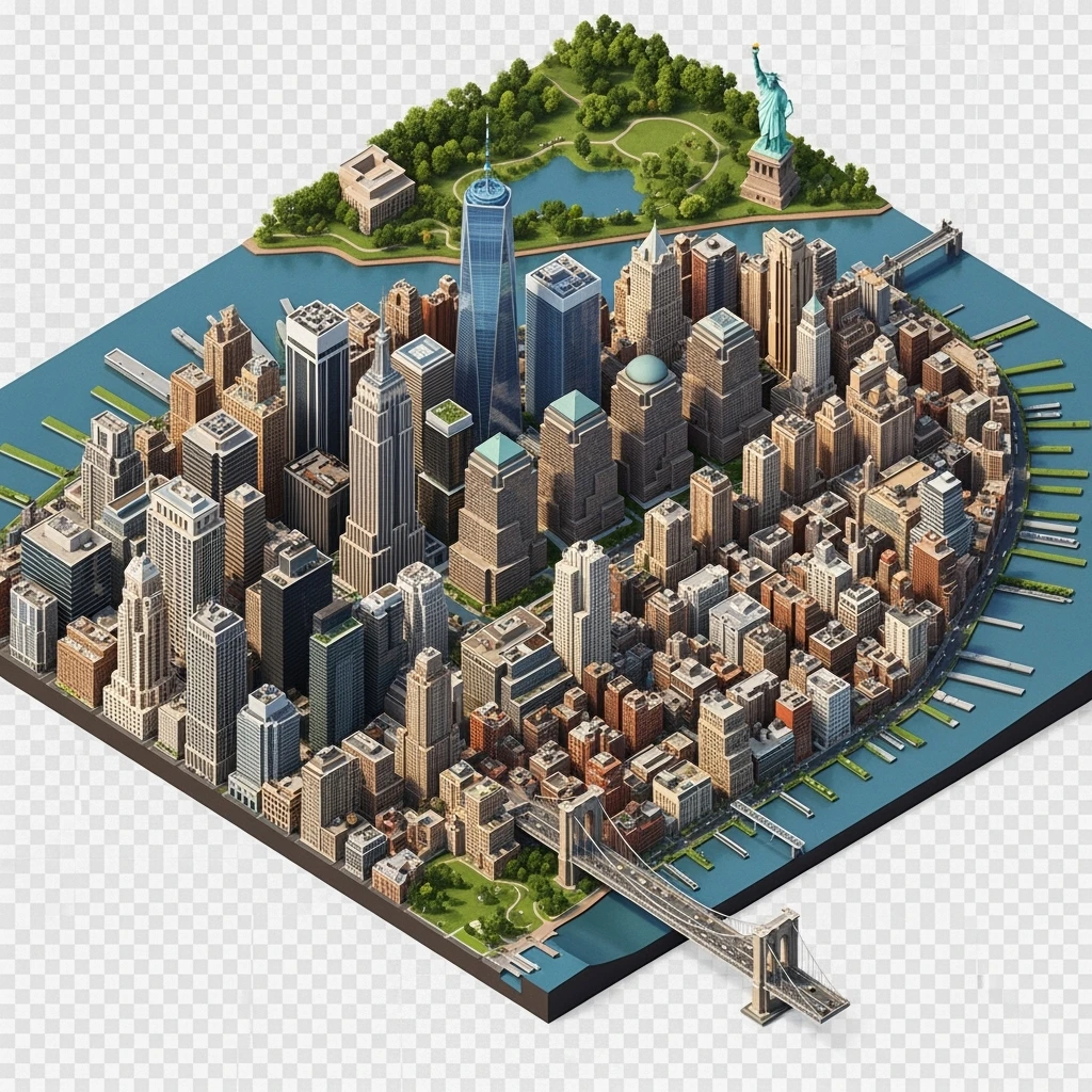 Isometric miniature of New York Сity Empire State Building, One World Trade Center, Statue of Liberty, Brooklyn Bridge, and Central Park chaotic low-rise blocks in outer boroughs 3D miniature effect and Tilt Shift effect, no cartoonish look, transparent background. emoji