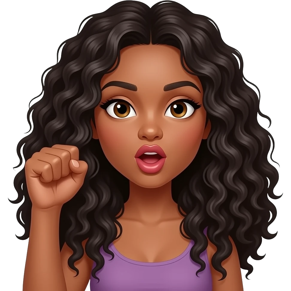 A brown woman with dark long curly hair and big pouting lips Holding her hand up with an open fist. Mouth needs to be open. Eyes looking to the righg emoji