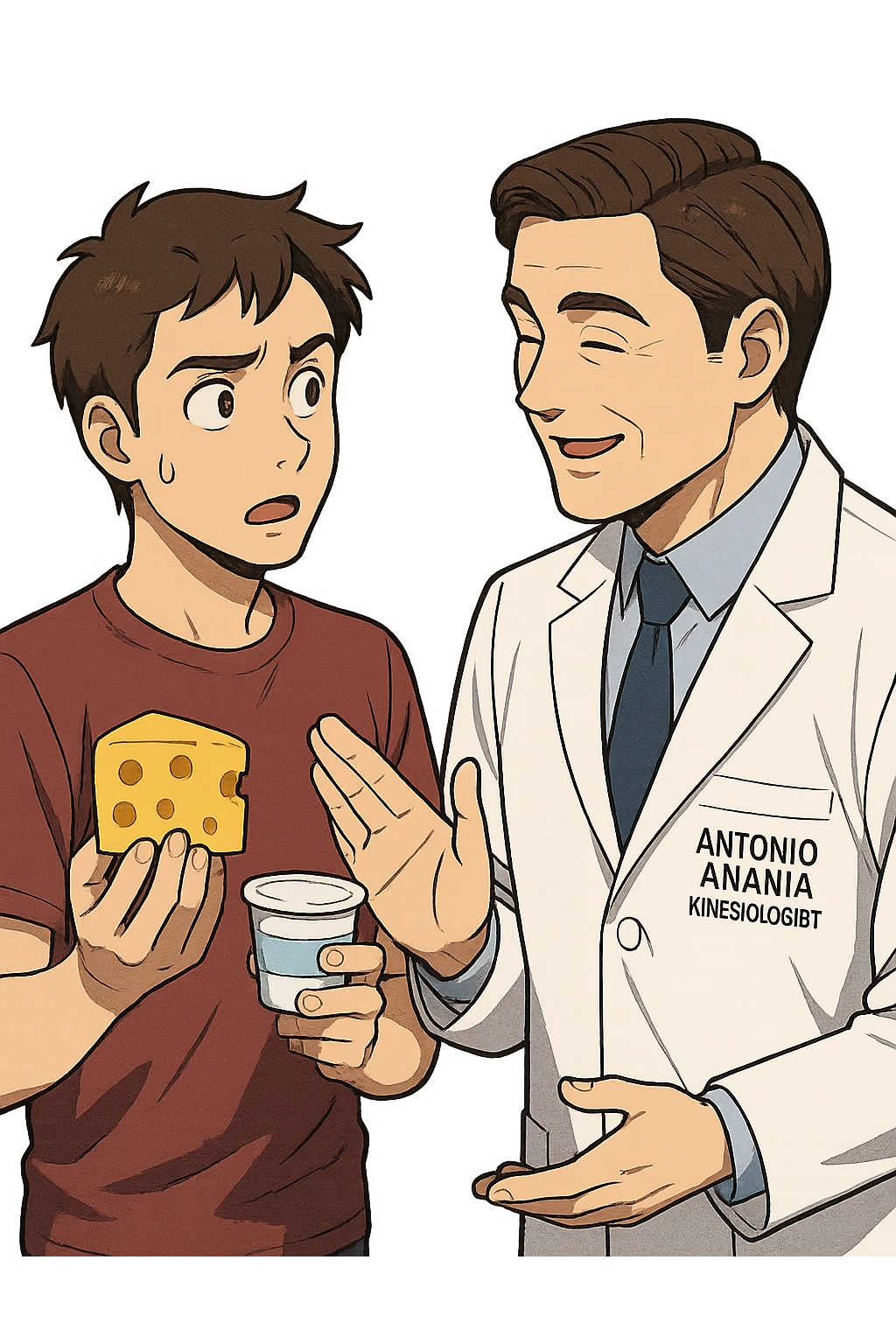 fai un webtoon manga a colori con questo stile, in cui un uomo fa una domanda al kinesiologo con il camice bianco (fagli anche la scritta "ANTONIO ANANIA" SUL CAMICE, l'uomo chiede una cosa mostrando un formaggio e uno yogurt al kinesiologo con il camice, IL KINESIOLOGO annuisce e SPIEGA ALL'UOMO UNA cos. L'UOMO ha un ESPRESSIONE CONFUSA IN VOLTO. non fare i fumetti però, fai solo in modo che sembri stiano parlando emoji