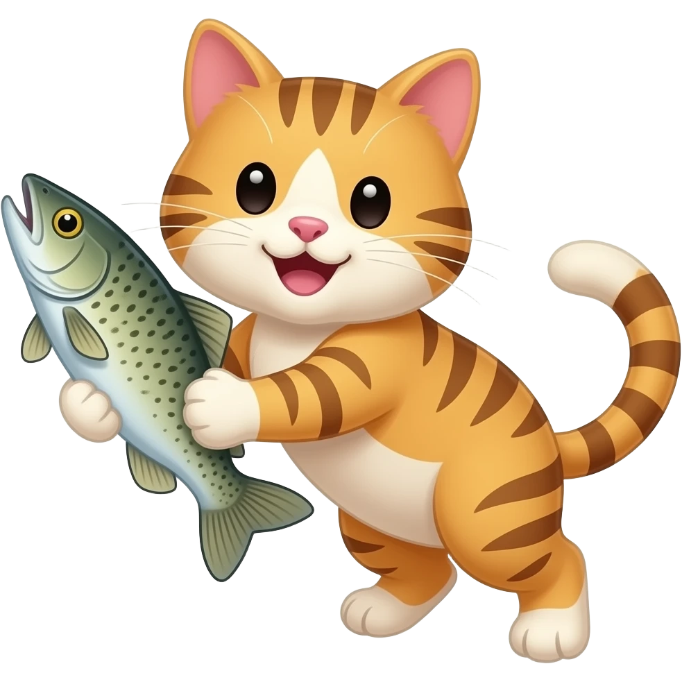 a happy cat catching a trout emoji
