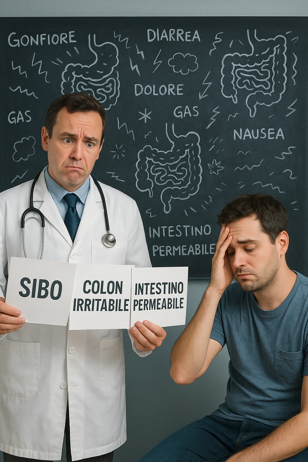 Scena clinica con un medico confuso in camice bianco davanti a un paziente seduto. Il medico ha tre fogli in mano, e li mostra uno alla volta con espressione incerta: il primo dice 'SIBO', il secondo 'Colon Irritabile', il terzo 'Intestino Permeabile'. Il paziente ha un’espressione confusa e scoraggiata, con una mano sulla fronte. Sullo sfondo una lavagna caotica con disegni di intestino e sintomi ovunque. Stile realistico con tocchi ironici, toni freddi da ambulatorio ma con un messaggio visivo forte di incertezza diagnostica. in italiano emoji