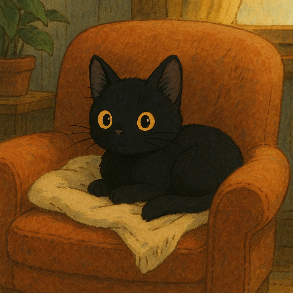 Black kitten cozy in a chair  emoji