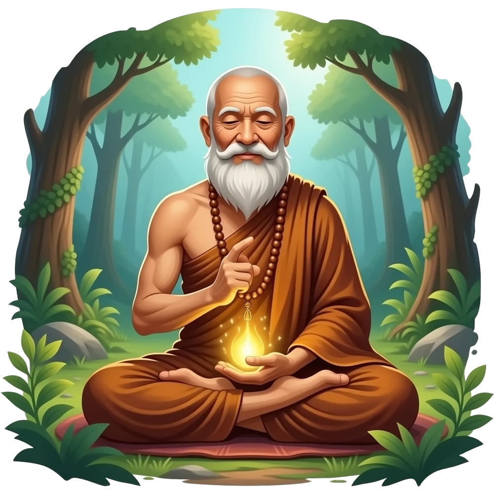 Hermit in traditional Thai pose of ascetics (Lersi Dat Ton), old wise man with beard, meditating with glowing energy, holding a rosary, mystical forest background, ancient Thai style. emoji