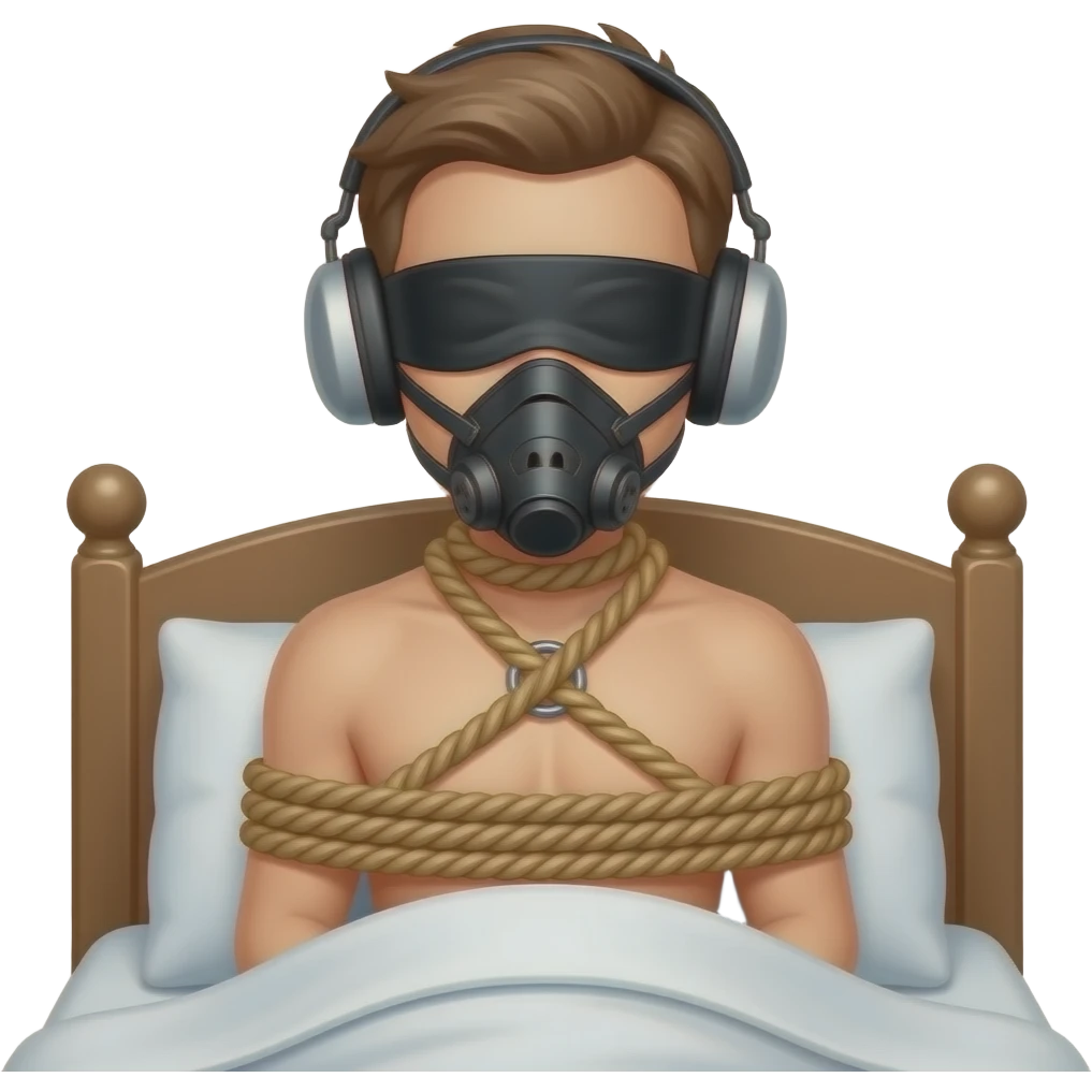 Rope Bondage naked boy blindfolded bed tied muzzle earmuffs emoji