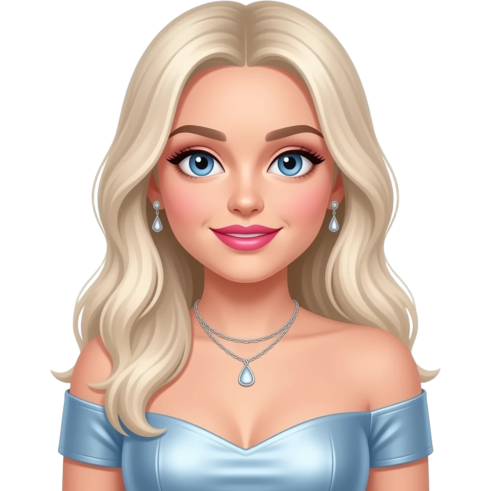 Sabrina Carpenter with blue eyes, long platinum blonde hair, white eyeshadow, hot pink lipstick, light blue metallic off shoulder dress, silver necklace and earrings emoji