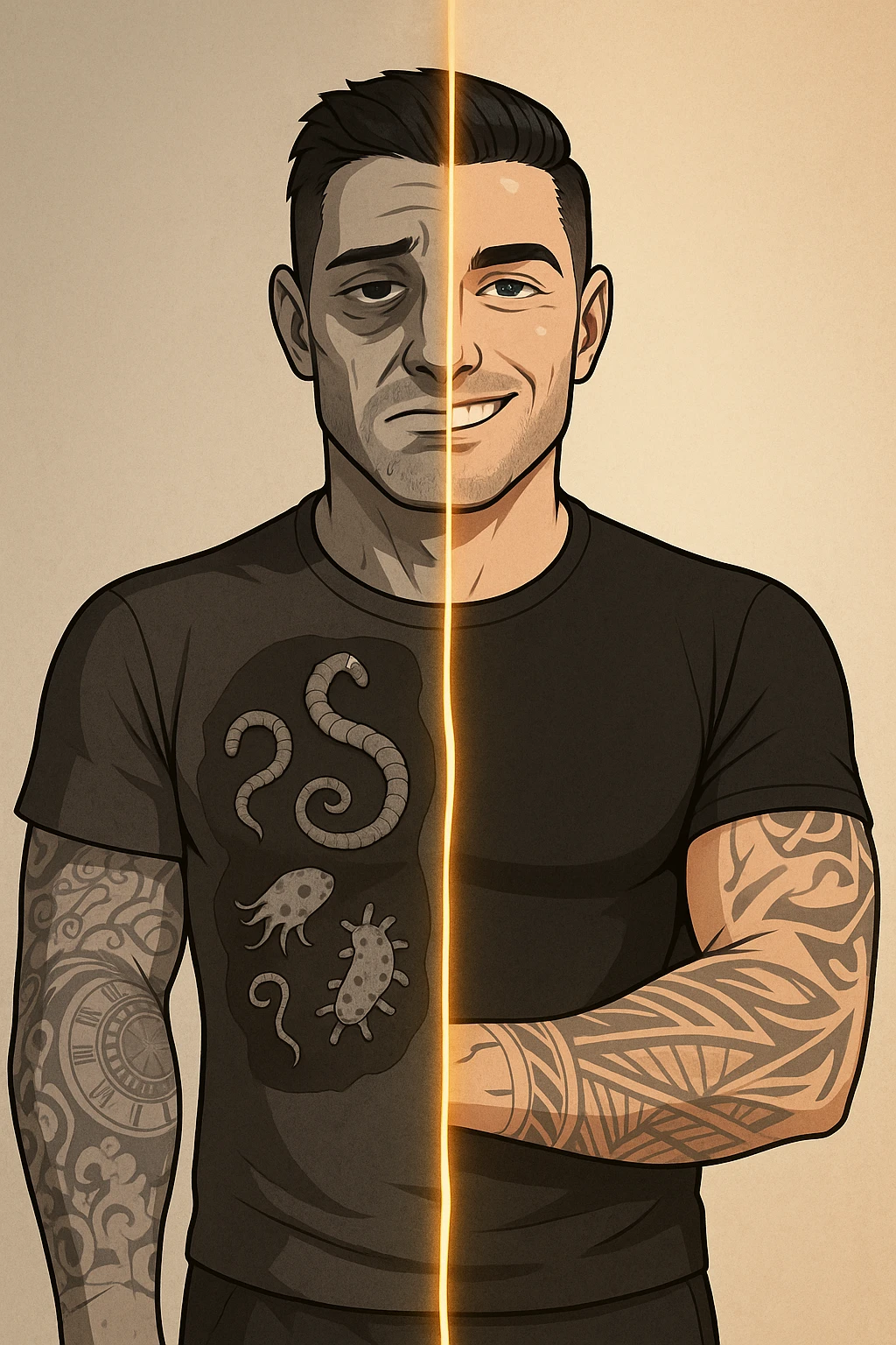 a man is depicted in two halves—on one side, he appears tired and weighed down, with faint, ghostly images of parasites visible inside his torso; on the other side, he is vibrant and healthy, with clear skin and bright eyes, the parasites gone. A visual transition or glowing line separates the two states, symbolizing recovery. emoji